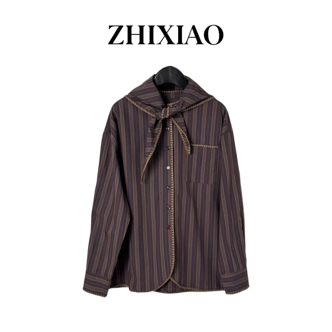 【ZHIXIAO】秋冬新款：三角巾条纹长袖衬衣7026