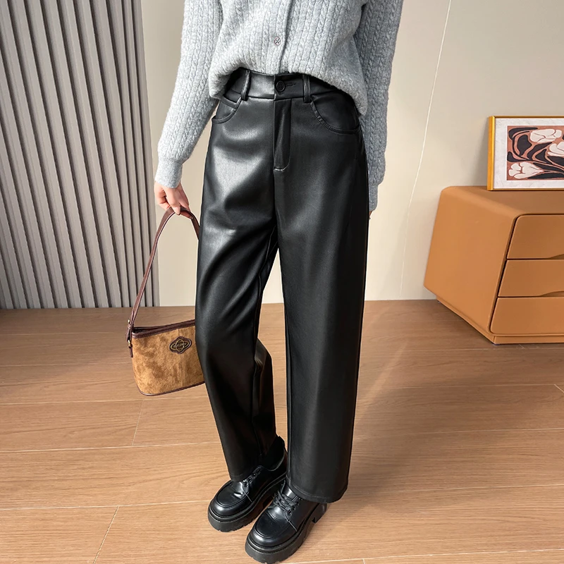 PU皮裤女2025秋冬新款高腰显瘦垂感小个子宽松九分烟管萝卜裤子
