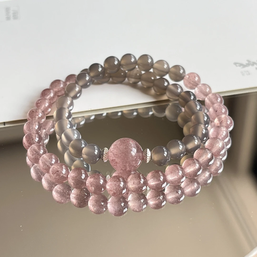 天然草莓晶双圈灰玛瑙时尚设计手链闺蜜礼物星光直播爆款批发水晶