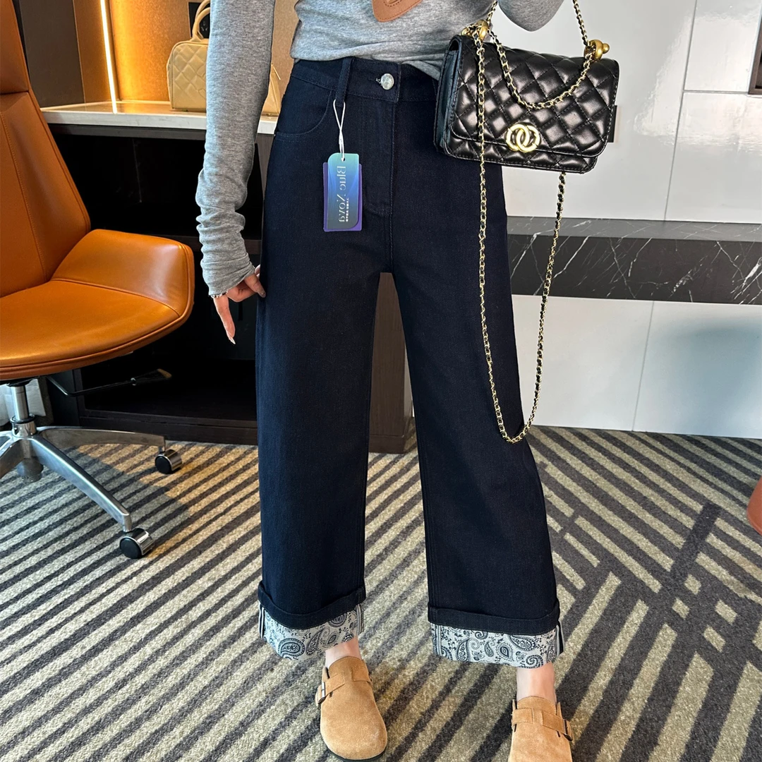 大码拼接刺绣高腰显瘦直筒牛仔裤女秋季款梨形身材宽松九分阔腿裤