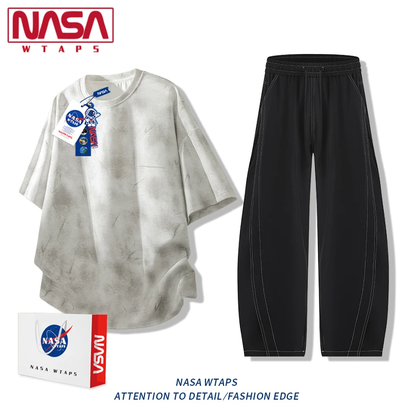 NASA WTAPS扎染渐变短袖T恤套装男夏季冰丝宽松休闲短袖长裤套装