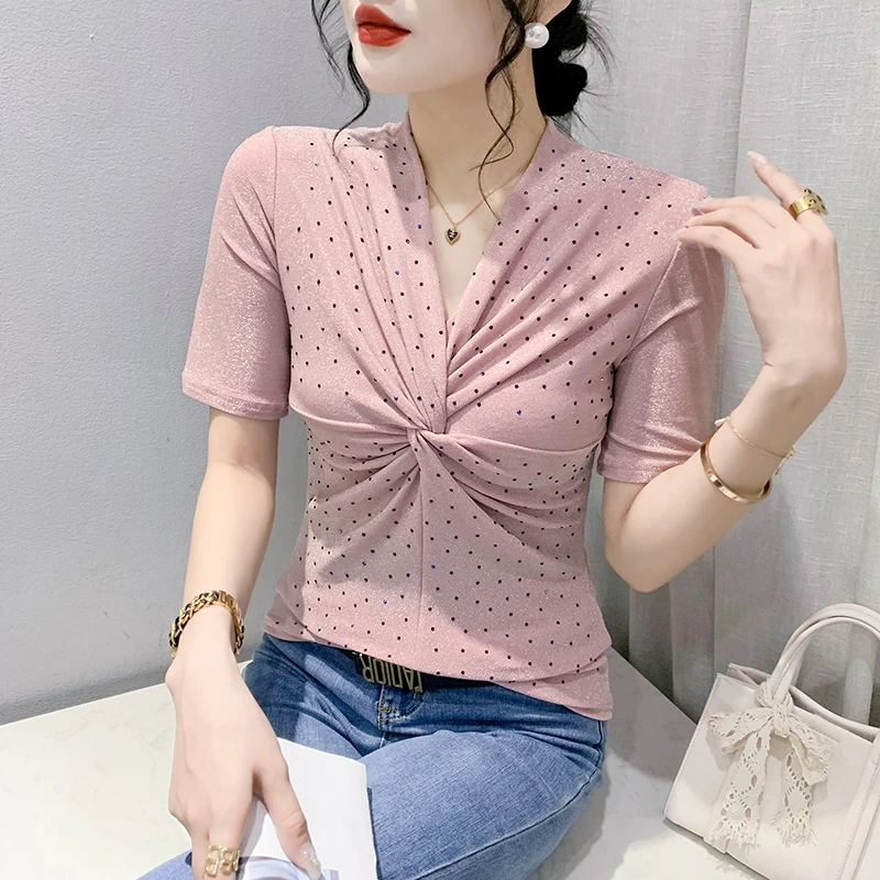 新款V领气质烫钻摩登跳舞服装新款网红洋气上衣百搭打底小衫女