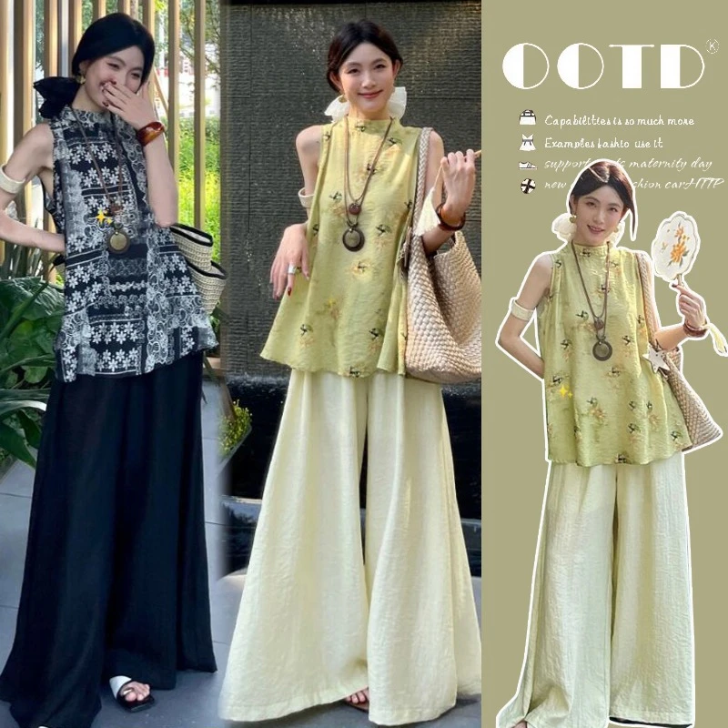 时髦孕妇装夏季新款时尚无袖新中式国朝印花上衣休闲阔腿裤两件套