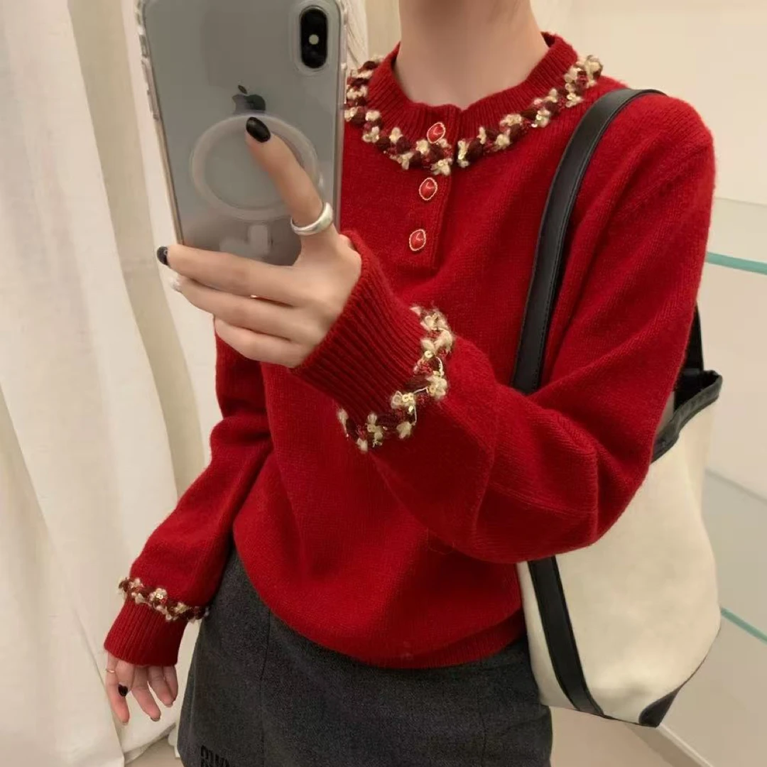 高级感白色显瘦薄款内搭蕾丝拼接羊毛女年货立体蝴蝶结针织开衫