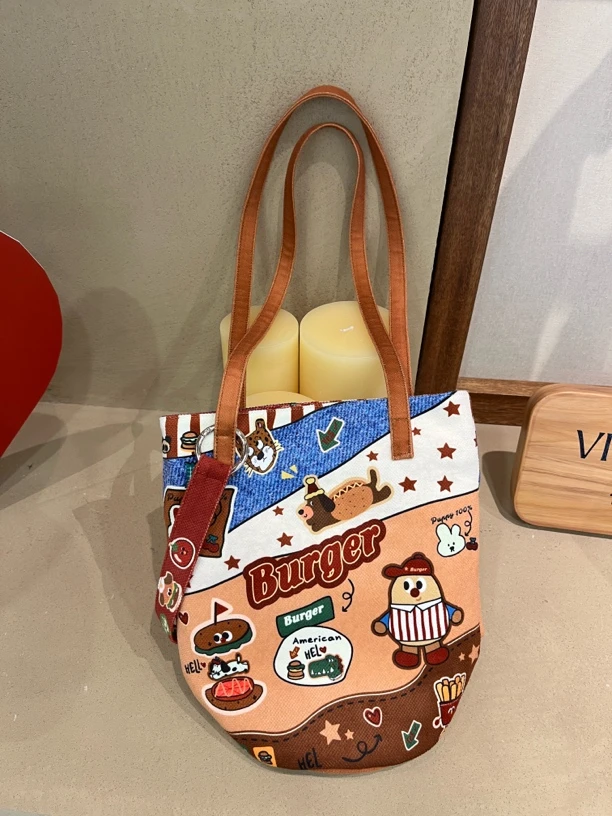 帆小包· ins小狗原创拼接牛仔风百搭单肩手拎斜挎水桶女士帆布包