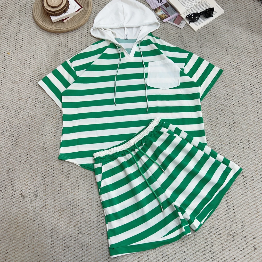 2025夏季新款休闲宽松条纹连帽短袖套装3981