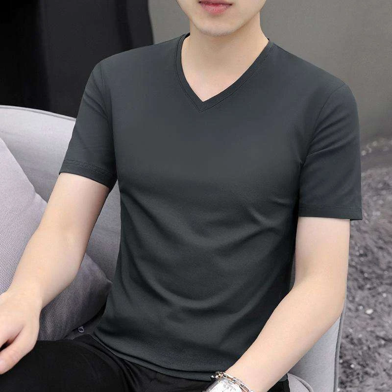 灰色男士短袖t恤夏季新款高品质修身百搭透气鸡心领上衣打底衫潮