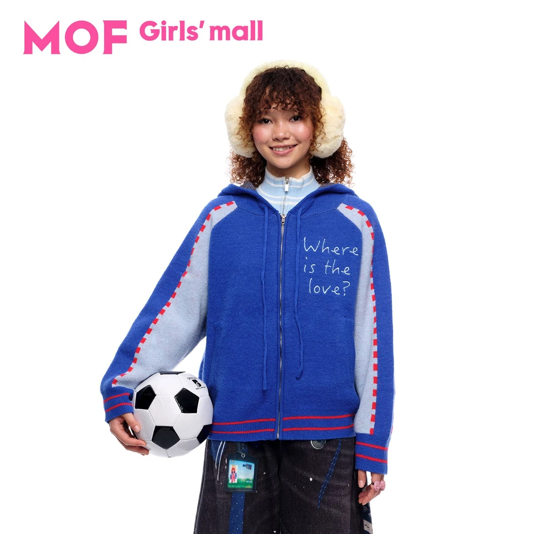 【自播】MOF少女百货 蓝色黑天使字母刺绣宽松厚针织外套新款毛衣