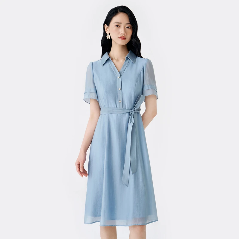 BuouBuou翻领钉珠莱赛尔收腰衬衫式连衣裙女DLDG250