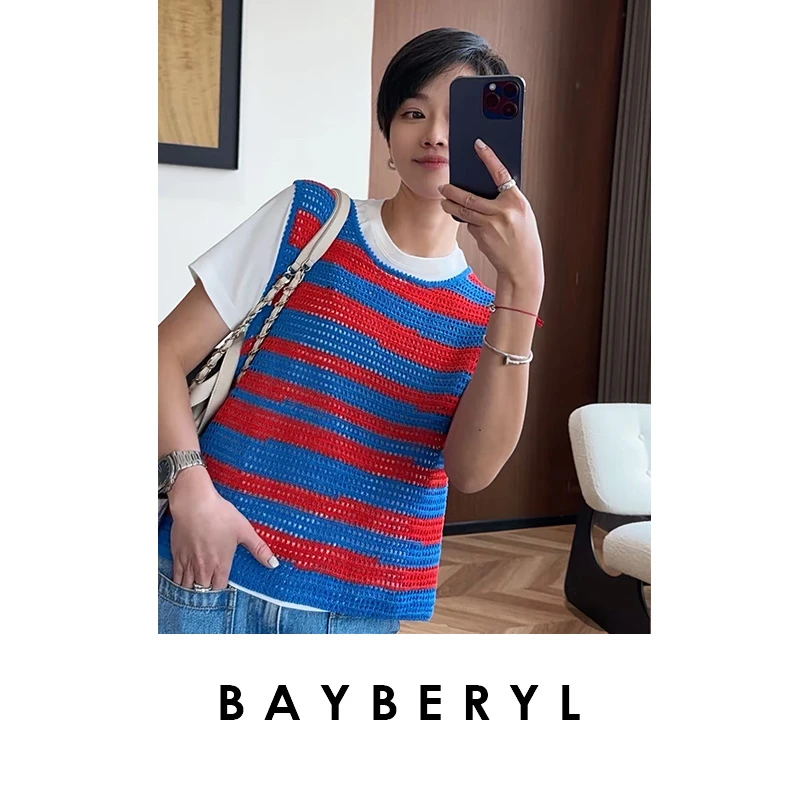BAYBERYL老贝红与蓝*撞色条纹纸纱时尚无袖针织背心ZZS5D0126-4/2