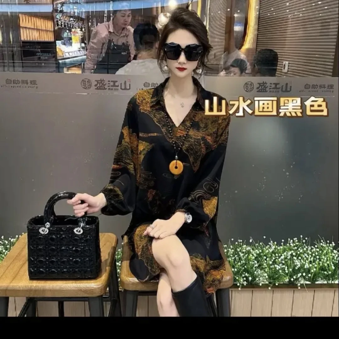 时尚洋气大码宽松衬衫长袖-山水水墨黑