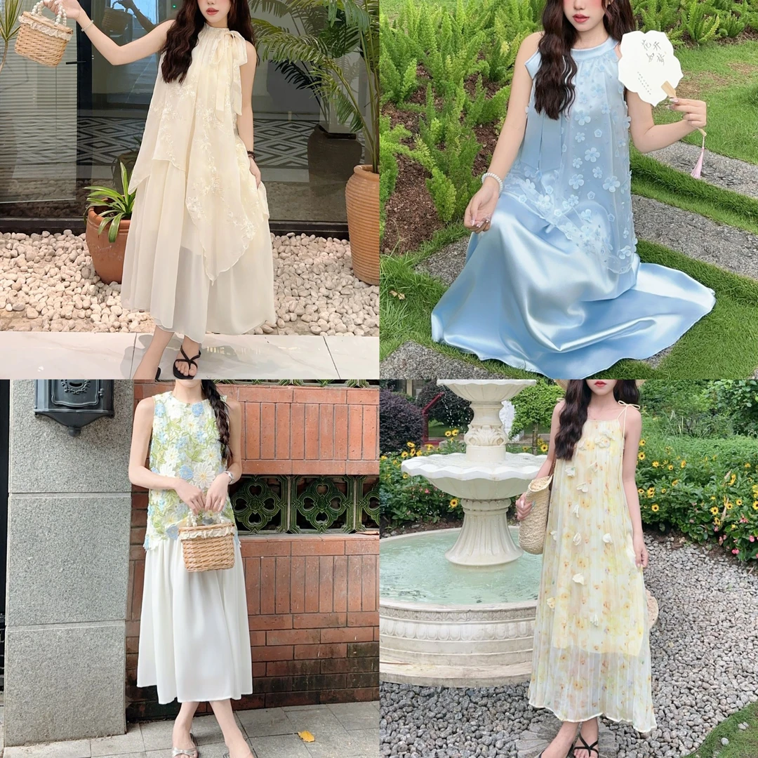 201-400/十三行春夏气质氛围感连衣裙女减龄显瘦吊带挂脖新款裙女