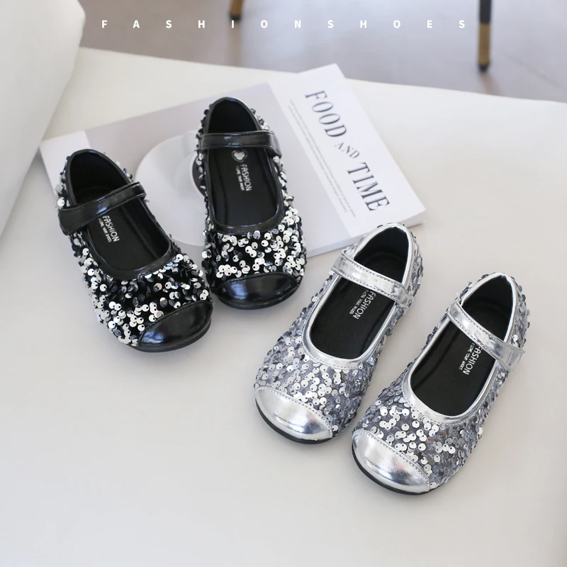 女童亮片小皮鞋2025春秋新款女宝宝晚会公主鞋小女孩软底闪亮单鞋