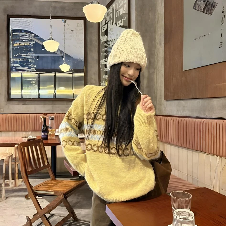 费尔岛提花软糯毛衣女冬季厚款圆领套头洋气减龄针织衫宽松百搭潮