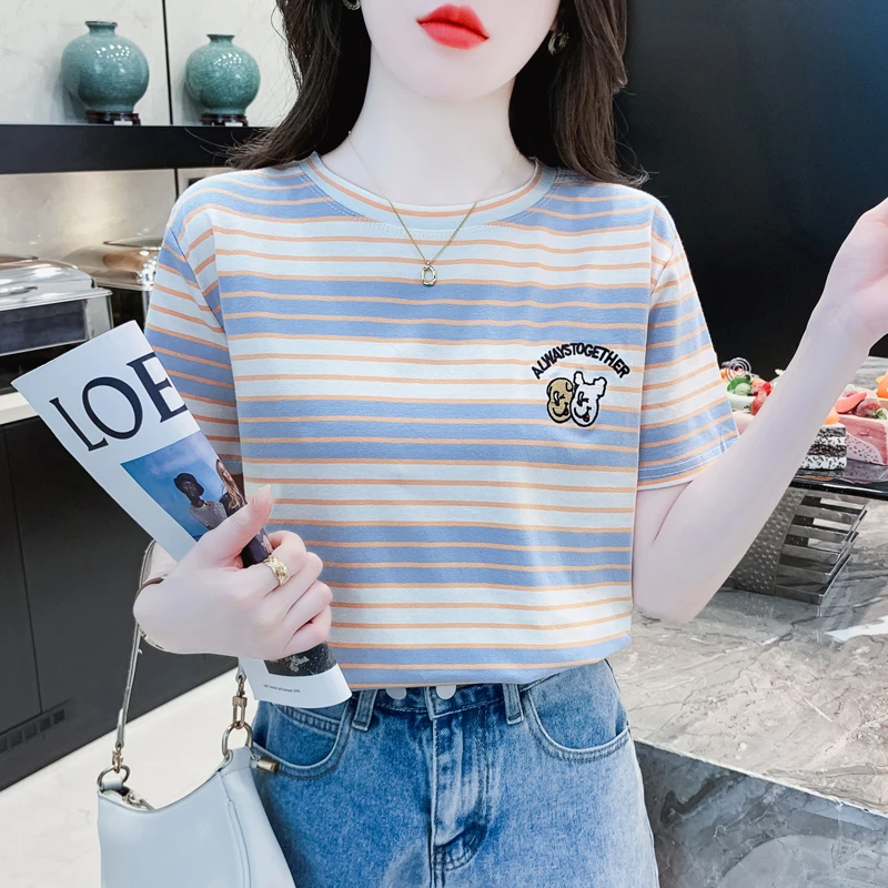 洋气重工刺绣短袖t恤女棉质ins潮2025夏季新款女士宽松设计感上衣