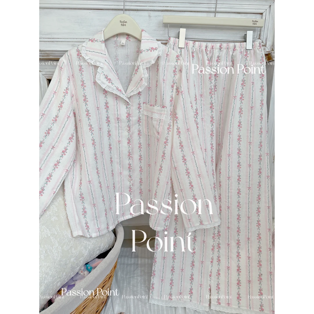 PassionPoint韩系碎花玫瑰A类条纹粉色长袖睡衣套装