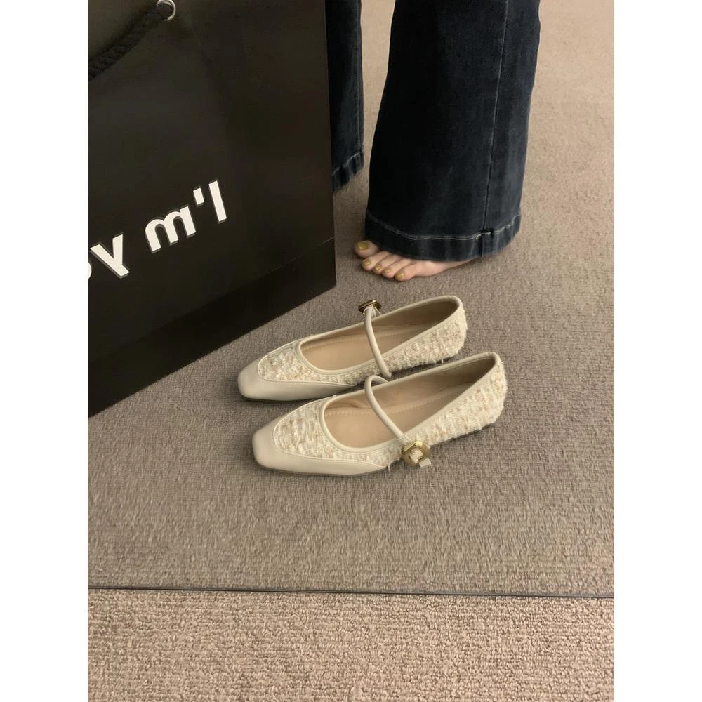 小香风拼接玛丽珍单鞋女鞋子2024年早春新款法式气质一字扣平底鞋