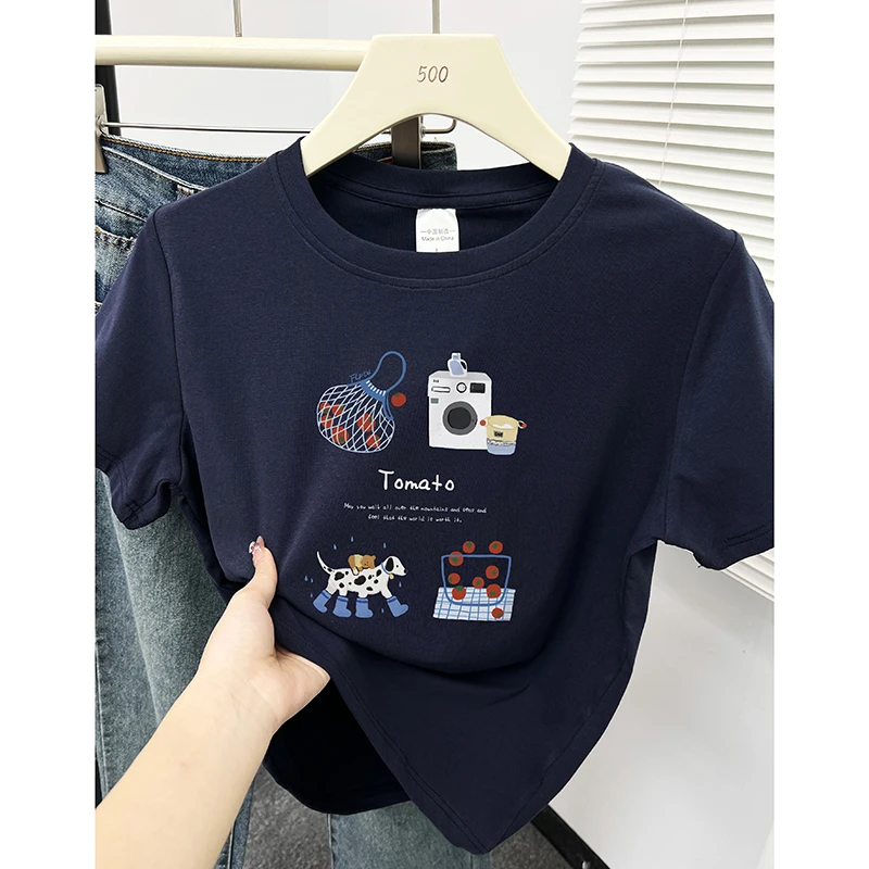 藏蓝色正肩短袖T恤女夏季新款大码休闲百搭设计感小众圆领上衣服