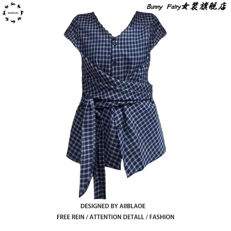 韩系复古格纹短袖衬衫女夏季设计感绑带收腰显瘦蕾丝拼接修身上衣