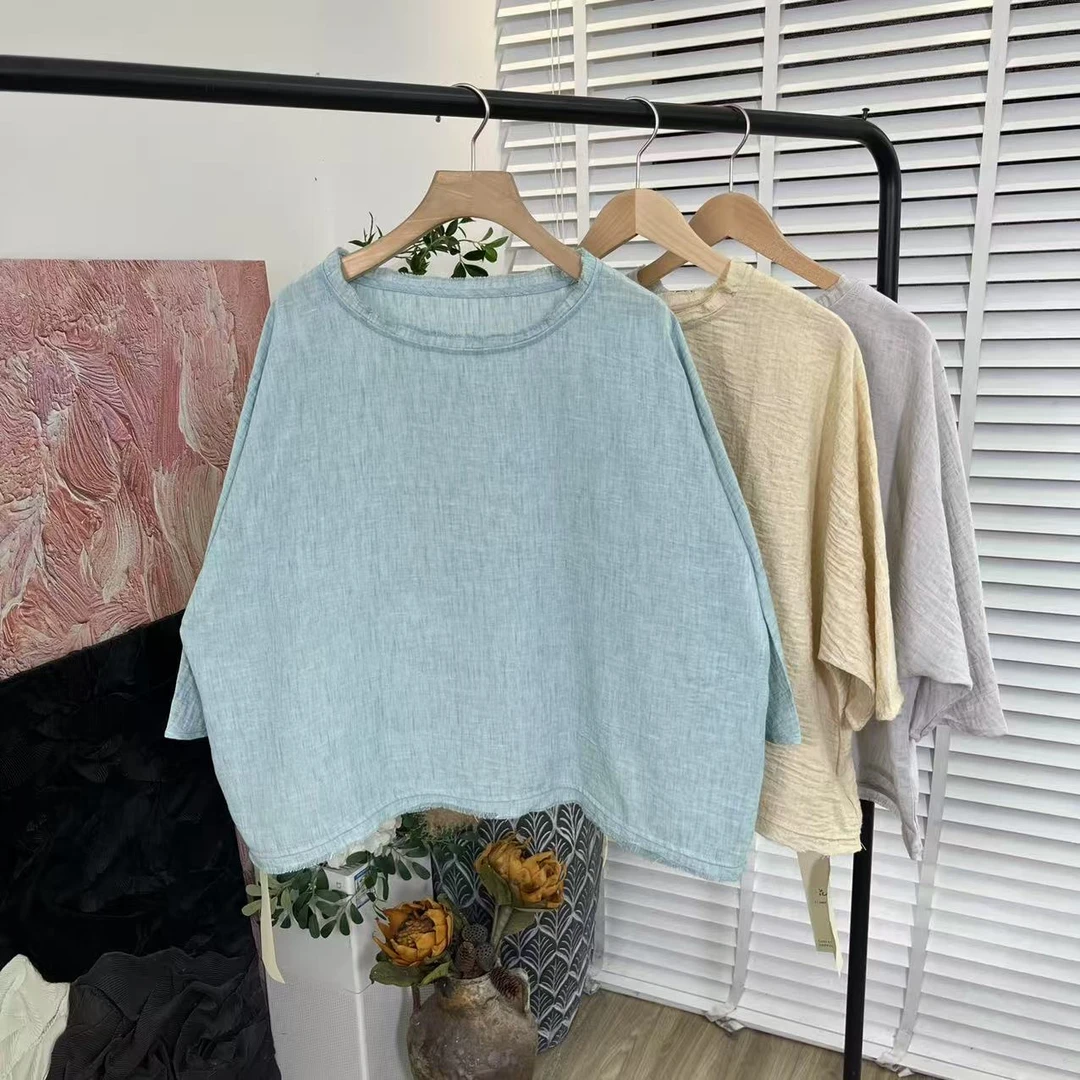 日系百搭休闲「蝙蝠袖套头夏日简约」套头衬衫女E5535