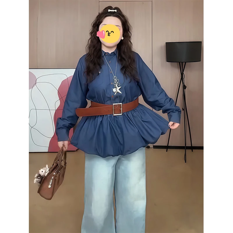 大码韩系高级感polo领拼接上衣女秋季胖mm假两件撞色修身显瘦衬衫