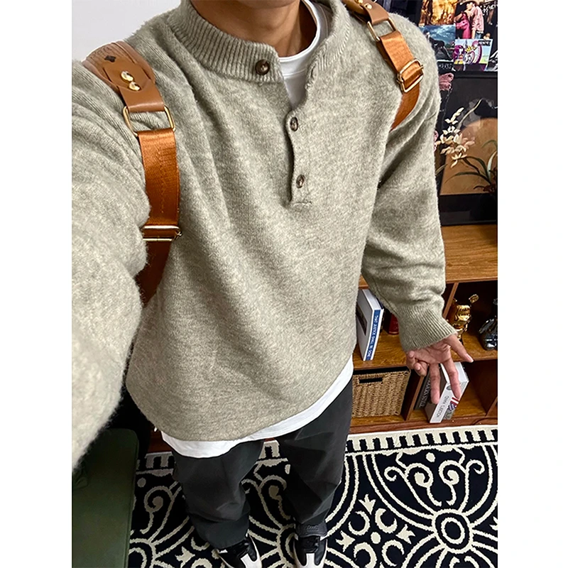 花灰色cleanfit亨利领毛衣男款慵懒风内搭打底针织衫美式复古外套