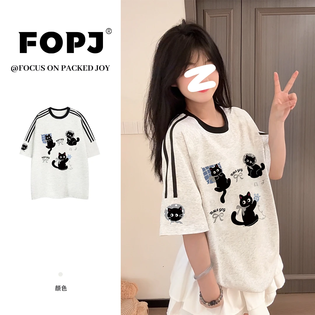 FOPJ夏季撞色纯棉圆领短袖t恤女美式潮牌学院风休闲猫咪印花上衣