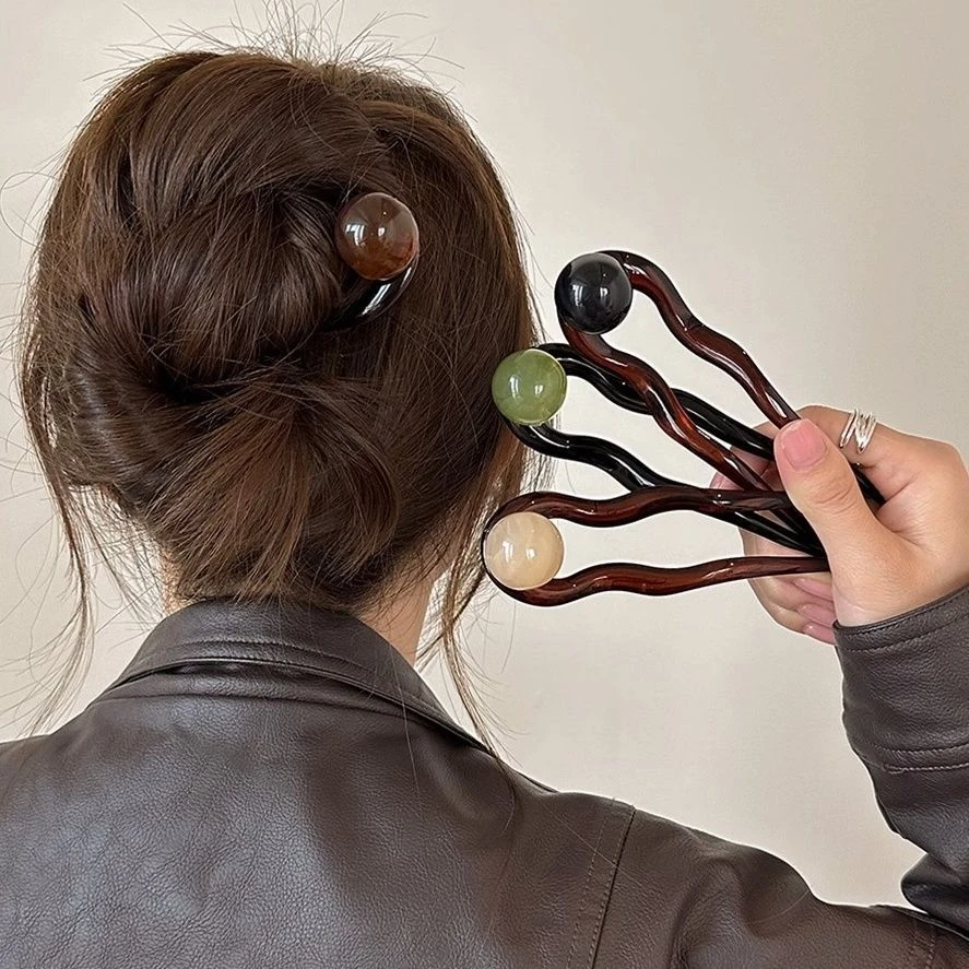椰椰冻圆珠~复古简约珠珠u型发簪女2025新款高端早春丸子头盘发饰
