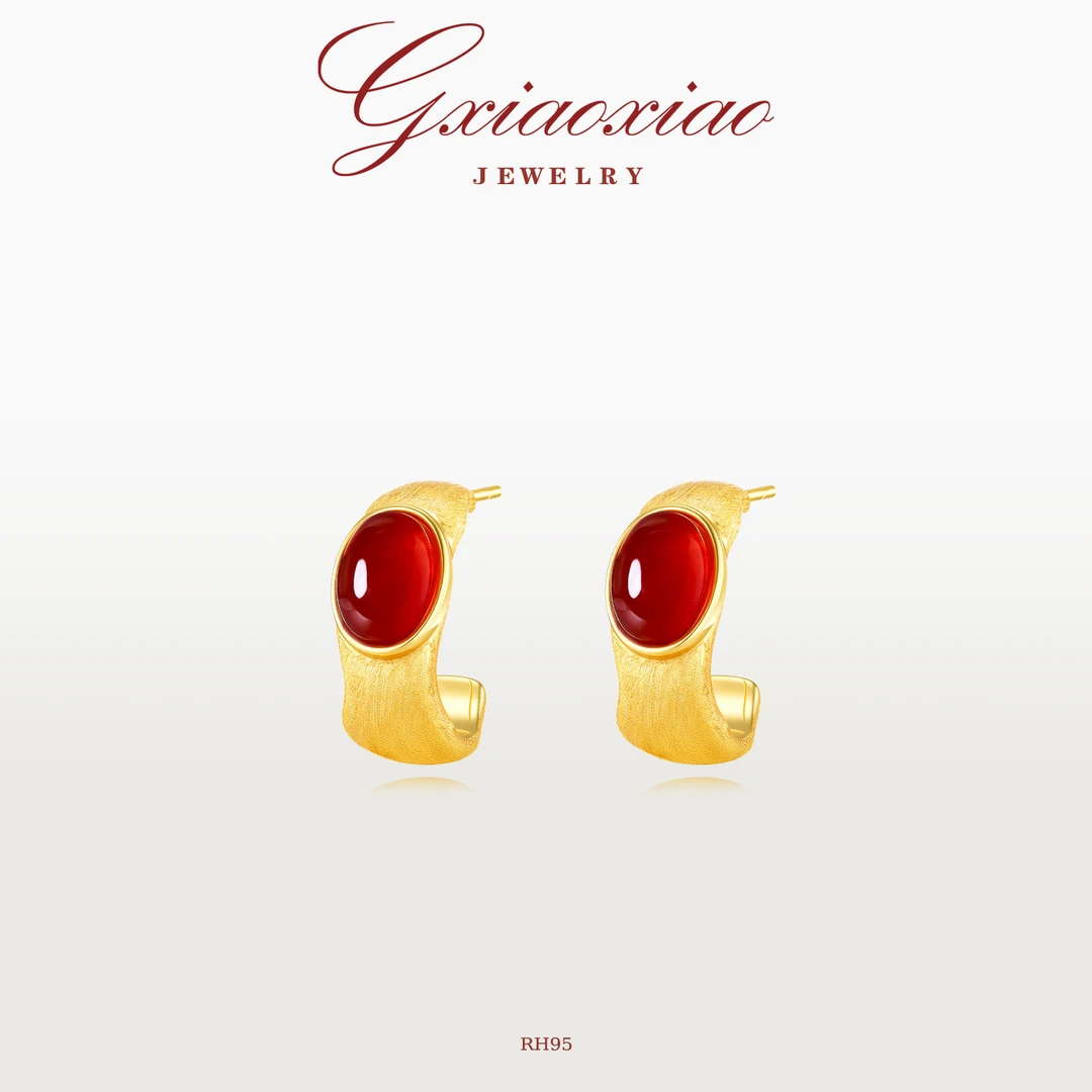 铜合金耳饰 G XIAOXIAO 镀K金 法式气质复古高级百搭红色耳环RH95