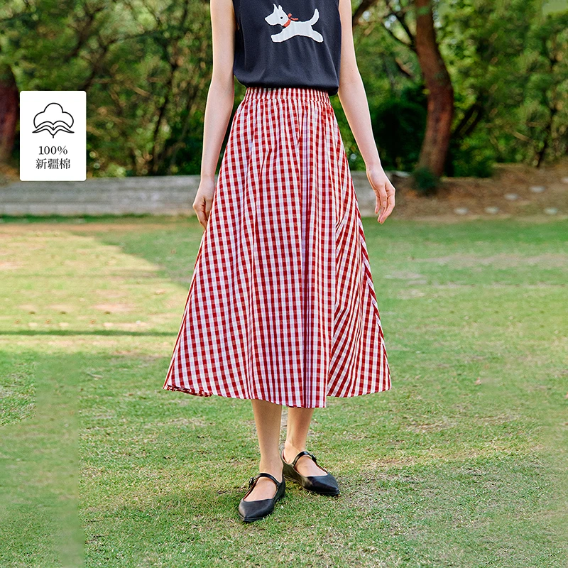 【一秒入夏】茵曼夏季清新盐系格纹半身裙女高腰显瘦a字野餐裙子