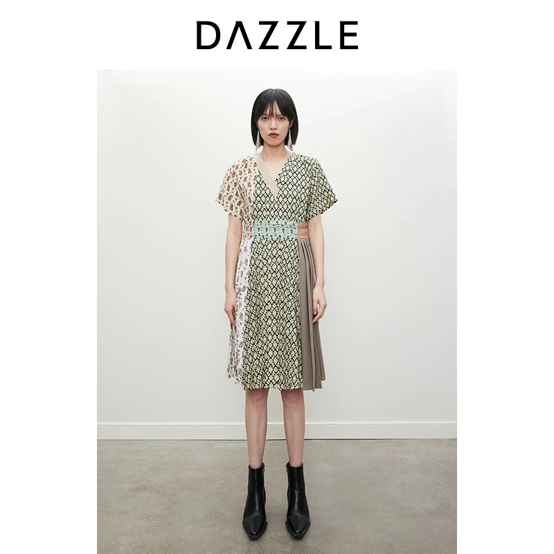 DAZZLE地素奥莱 连衣裙夏新款女拼接不对称花布短裙2I2O477