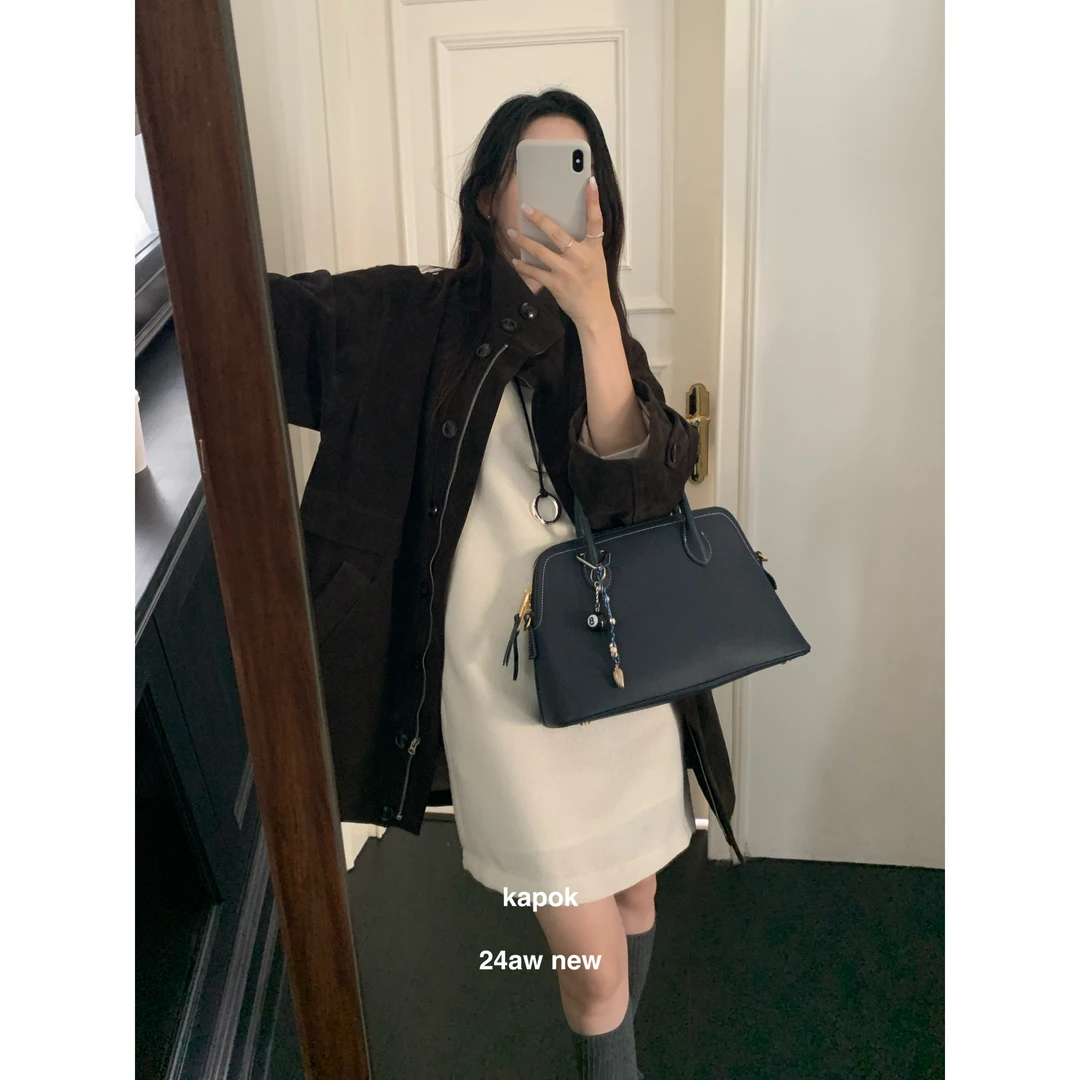 J-8572#简约高级感复古撞色百搭绒感外套