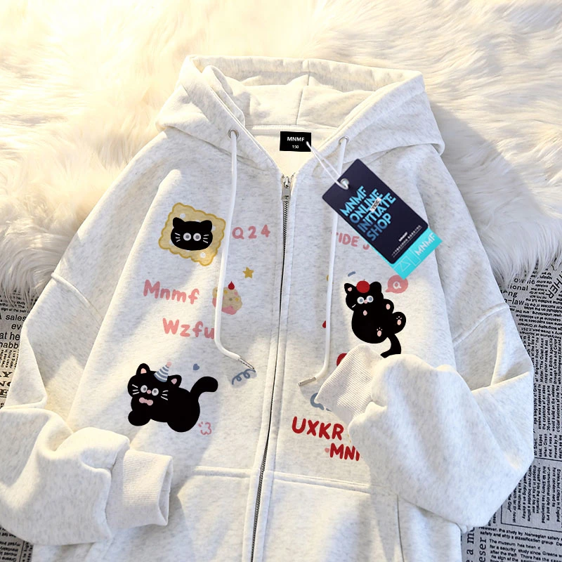 男女童拉链开衫外套秋冬装可爱猫猫字母印花宽松百搭中大童卫衣潮
