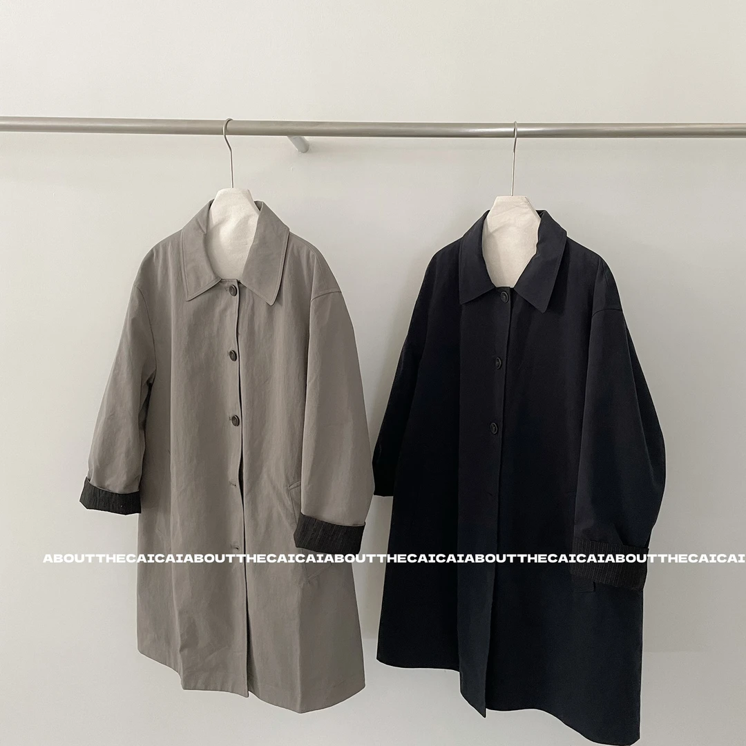 CAICAI复古高级感双面穿格纹中长款风衣女外套女韩系休闲上衣2593