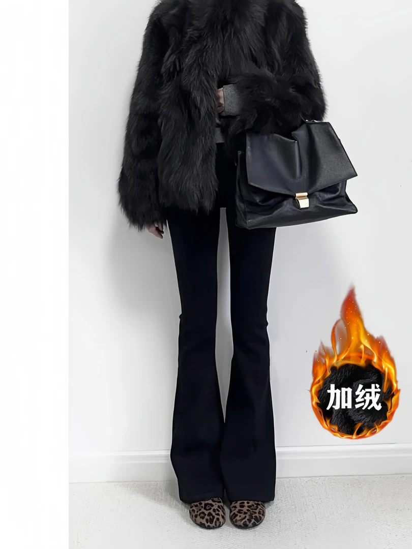 【现货+运费险】加绒黑色微喇弹力牛仔裤女秋冬高腰显瘦修身小个子-