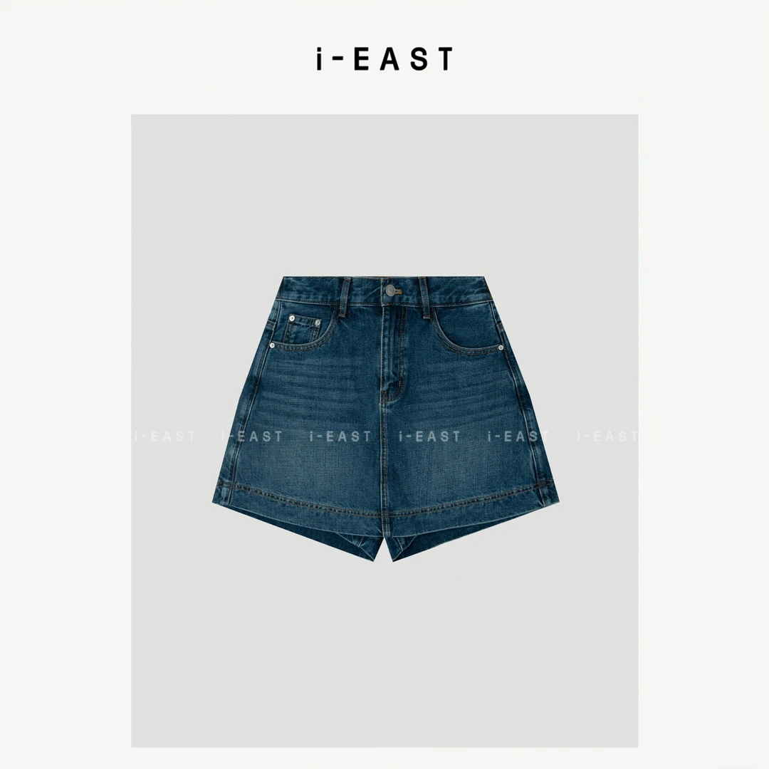 i-EAST 特调冷萃蓝~水洗做旧后背松紧牛仔短裙-5X Q13823