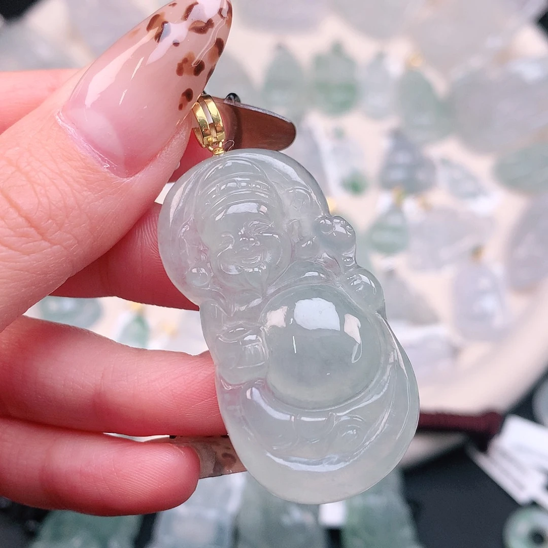 翡翠颈饰18K金镶嵌财神52.5、45、24、6.6