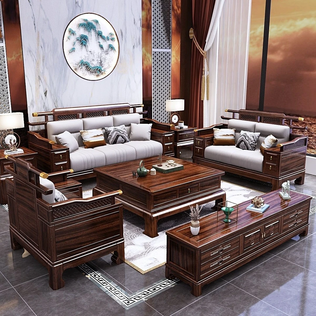 新中式乌金木全实木沙发工艺榫卯两用家用雕花沙发经济型客厅家具