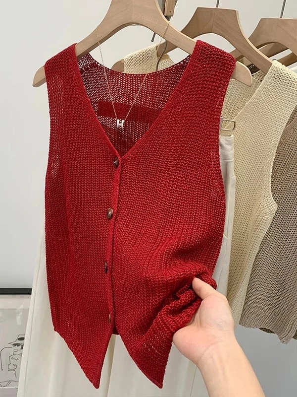小香风镂空V领薄款无袖针织马甲背心女2025夏季新款外穿v领针织衫