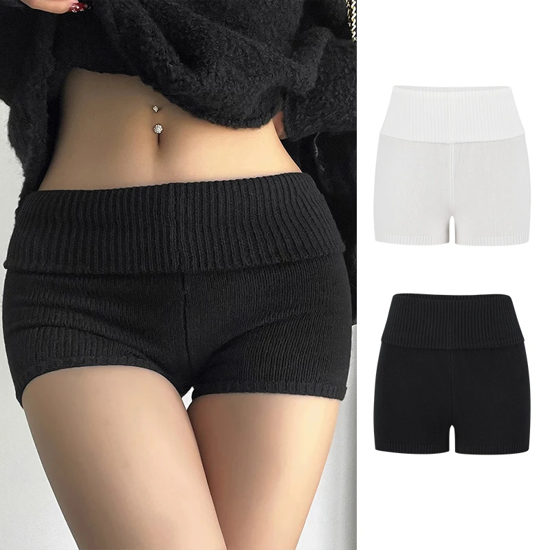 2025美式复古辣妹低腰针织包臀短裤女秋季修身显瘦螺纹百搭毛线裤