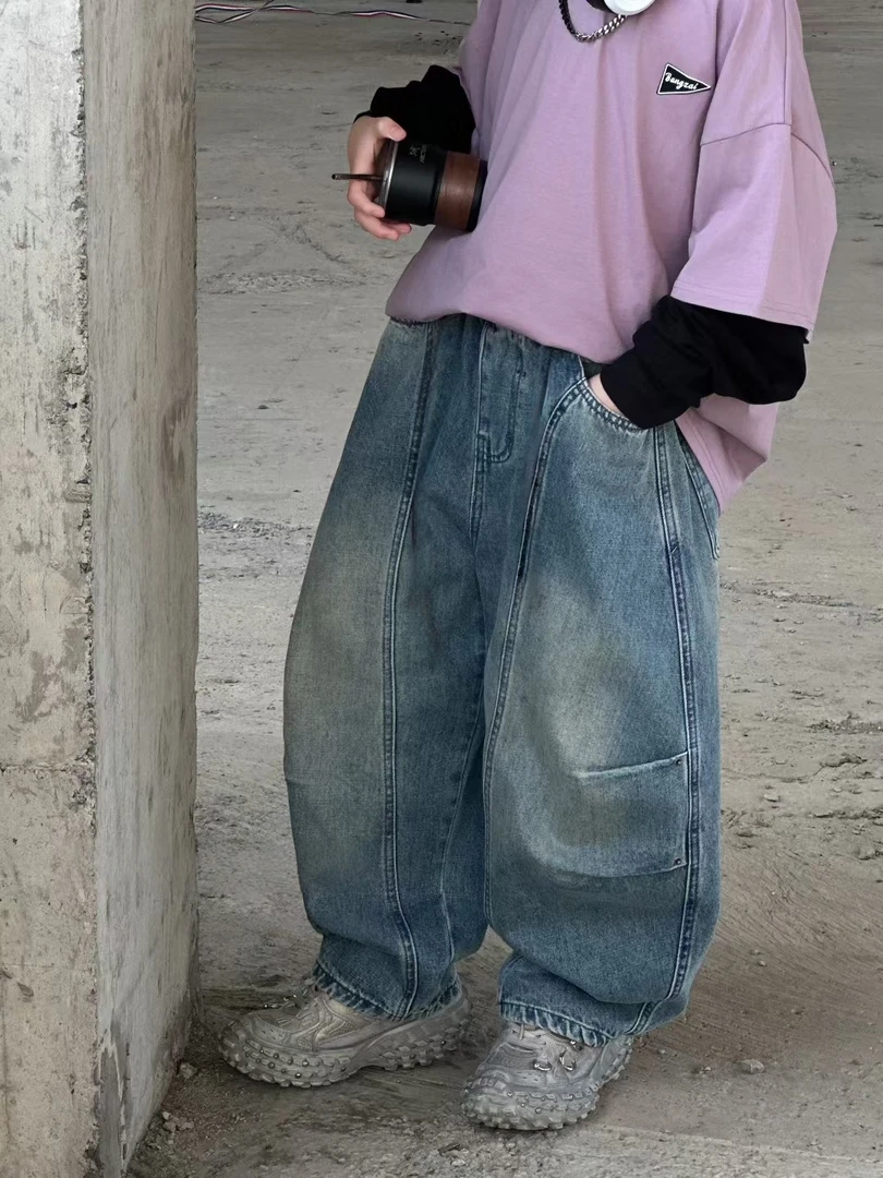 25秋季男女童同款洋气百搭休闲舒适潮流宽松复古牛仔长裤 A9017