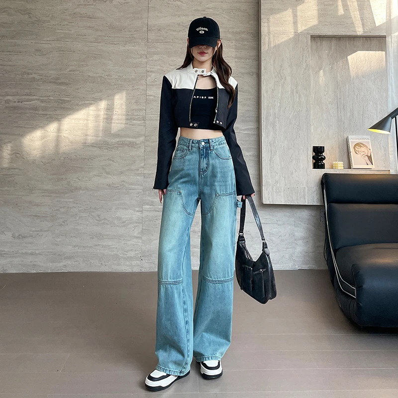 2373#复古蓝无弹工装拼接阔腿牛仔裤女长裤春秋季高腰宽松直筒裤