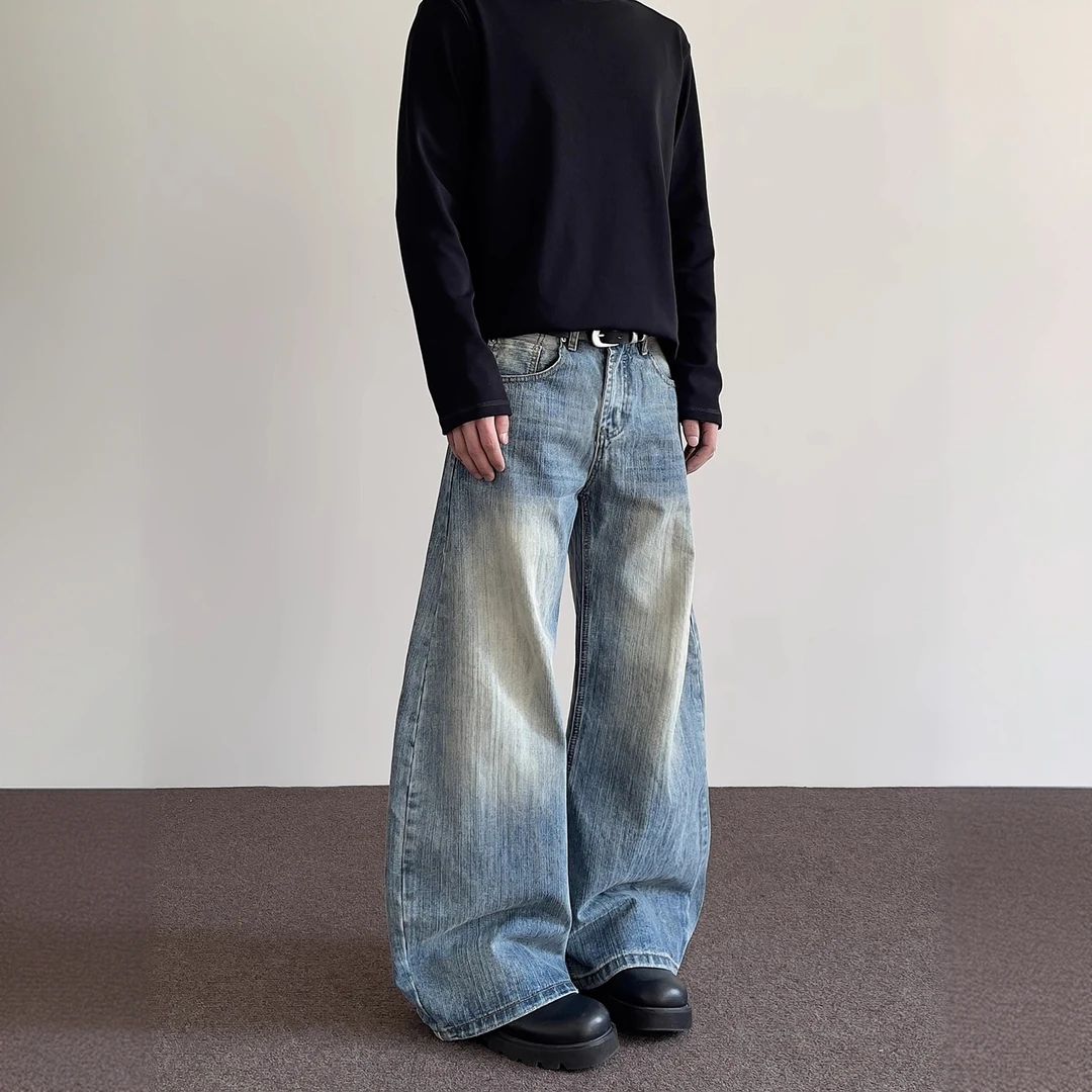 美式高街cleanfit竹节纹做旧弯刀牛仔直筒裤男街头痞帅宽松阔腿裤