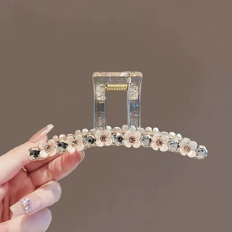 2025韩系新款甜美桃花水晶发夹精致洋气高级感鲨鱼夹百搭盘发抓夹