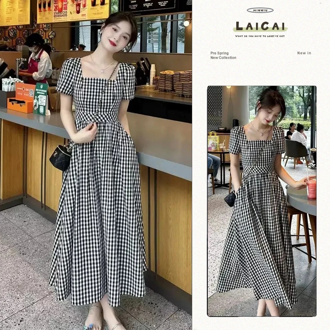 赫本风复古格子连衣裙女2025夏季新款气质收腰显瘦法式中长款裙子