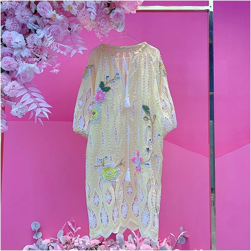 A2172欧美设计师2025夏季新款重工刺绣亮片花镂空宽松休闲连衣裙