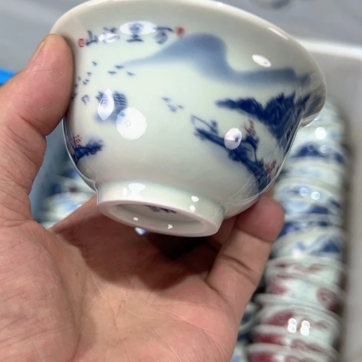 瓷片白青花万里江山压手杯全品