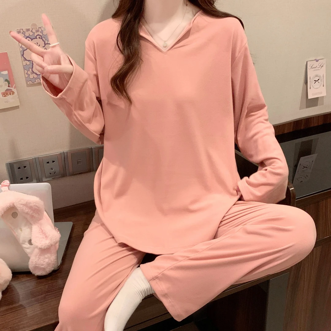 【秋冬德绒】长袖睡衣女春秋季磨毛保暖简约宽松纯色冬季家居服套装
