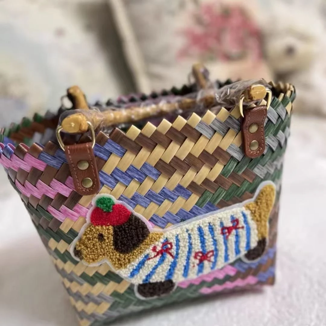 条纹复古腊肠狗编织菜篮子2025新款手提包编织托包包腊肠小狗包