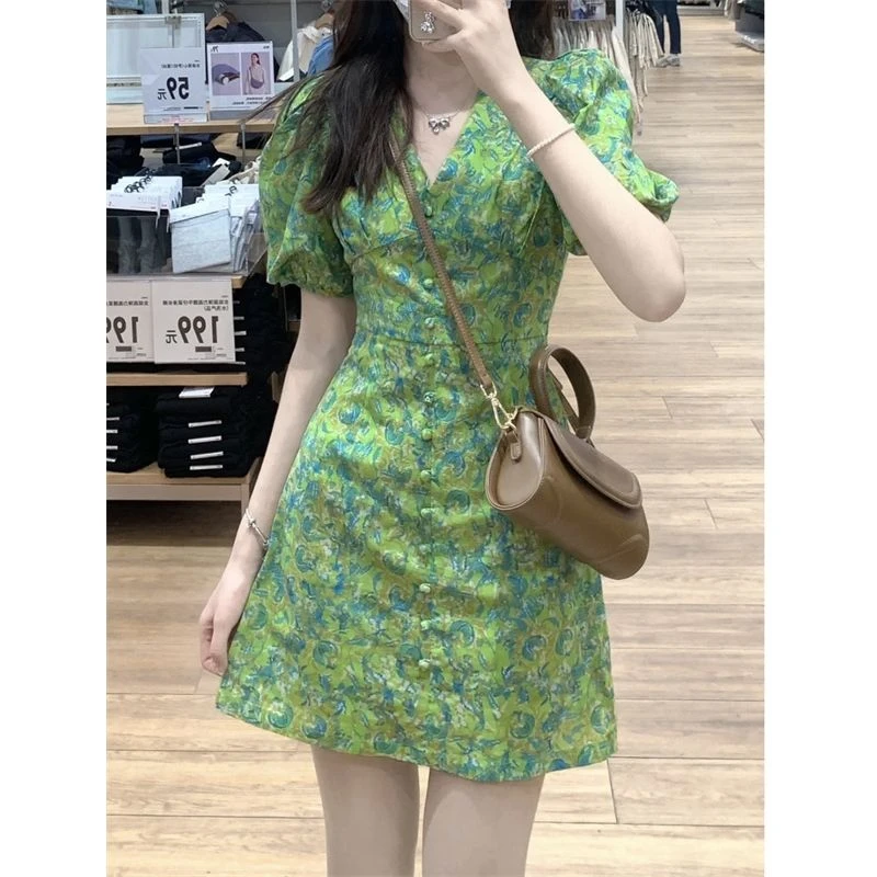 连衣裙女收腰显瘦绿色泡泡袖茶歇短裙夏季韩系温柔风气质裙子法式